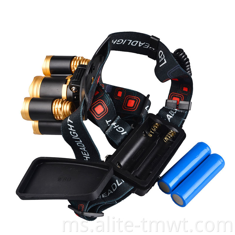 5 LED Headlamp T6 4xr2 LED Zoom 18650 Headlamp LED Waterproof Power yang boleh dicas semula